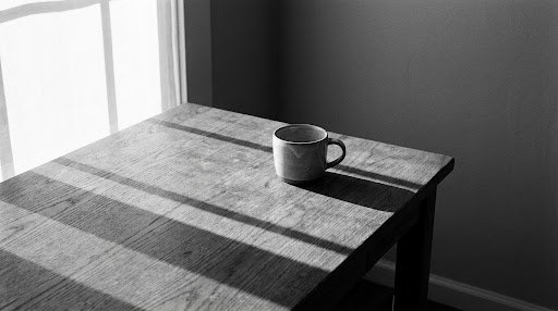 A wooden desk corner with a single ceramic coffee cup in afternoon light