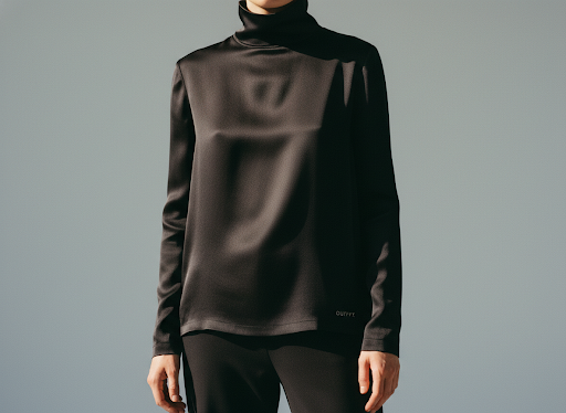 A figure in considered tailoring, photographed chin-down