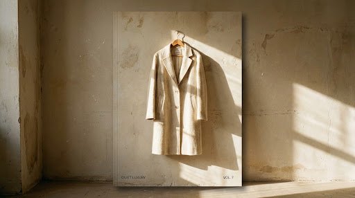 Charcoal wool overcoat on wooden hanger in afternoon light