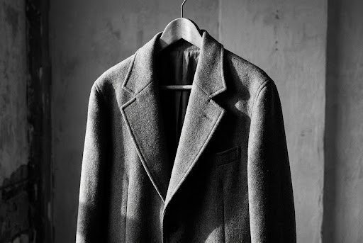 Structured wool coat on vintage wooden hanger