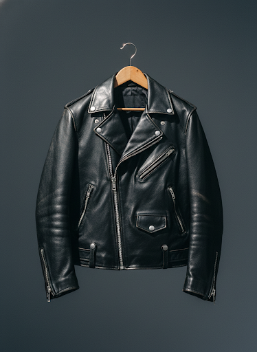 Black leather biker jacket against dark slate
